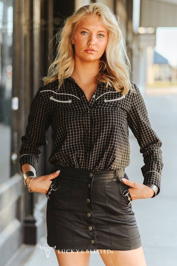 Black Pleated Concho Button Down Snaffle Bit Pocket Skirt