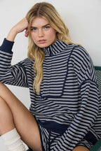 HALF ZIP STRIPE CONTRAST TRIM LONG SLEEVE KNIT TOP