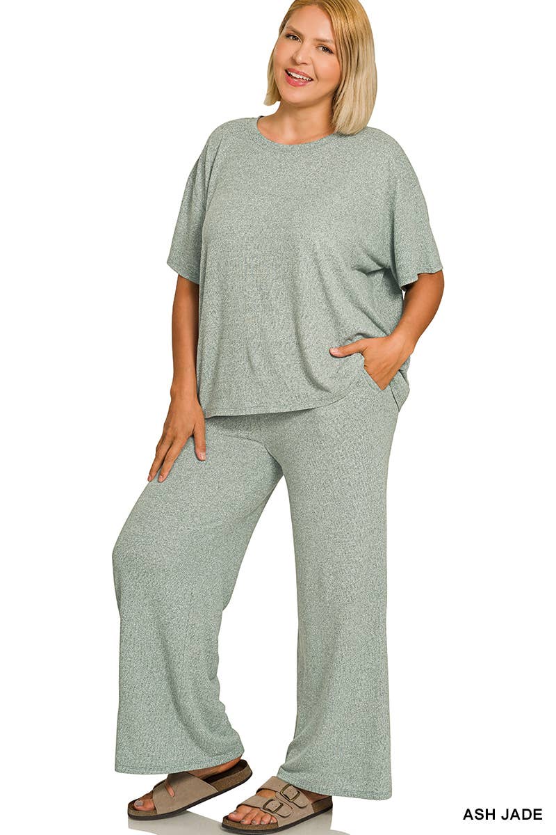 Plus Soft Melange Short Sleeve Tee & Long Pants Set - Zenana