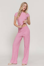 Short Sleeve Crew Neck Top & Waist Band Flare Pants Set
