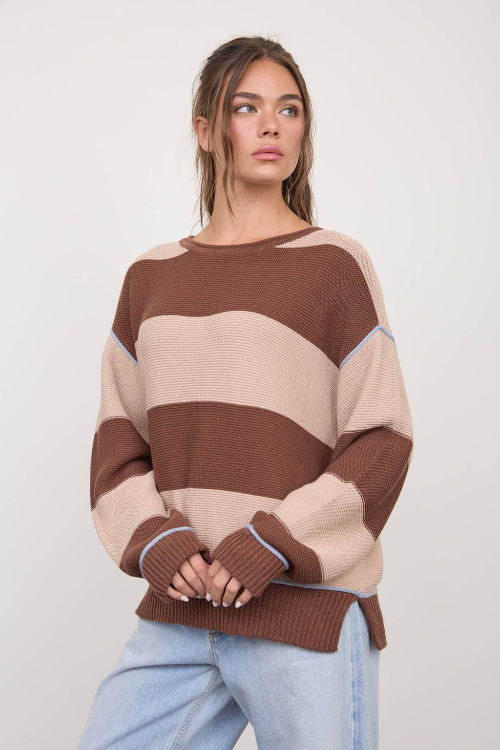 WIDE STRIPE TEXTURED KNIT CONTRAST KNIT CARDIGAN