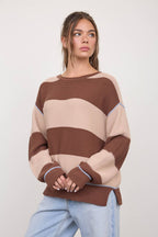 WIDE STRIPE TEXTURED KNIT CONTRAST KNIT CARDIGAN