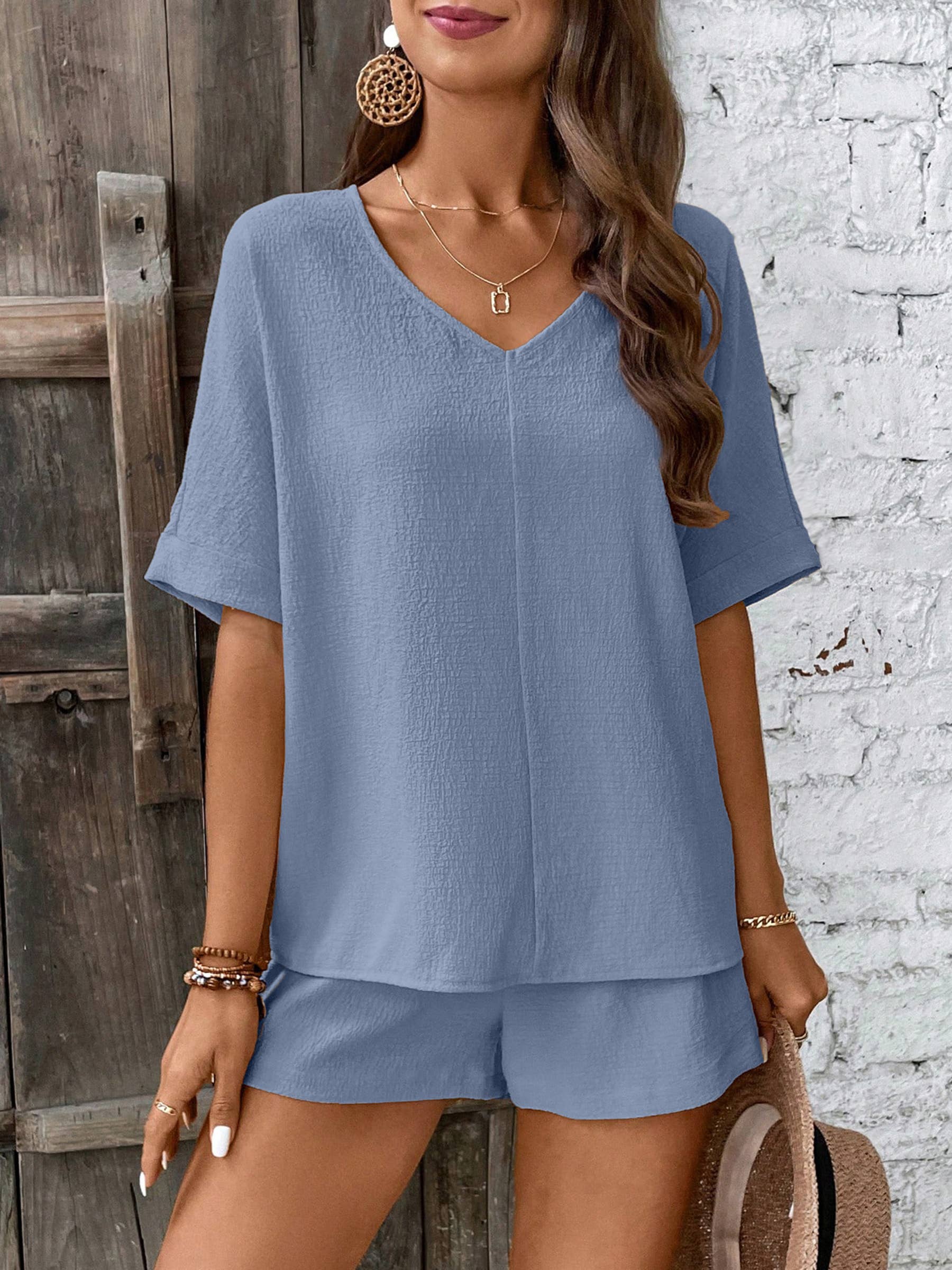 Short Sleeved Collar Bat Sleeve Shirt And Shorts Set