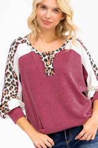 Rib Knit Leopard Lace Sleeve Detail Pullover Top