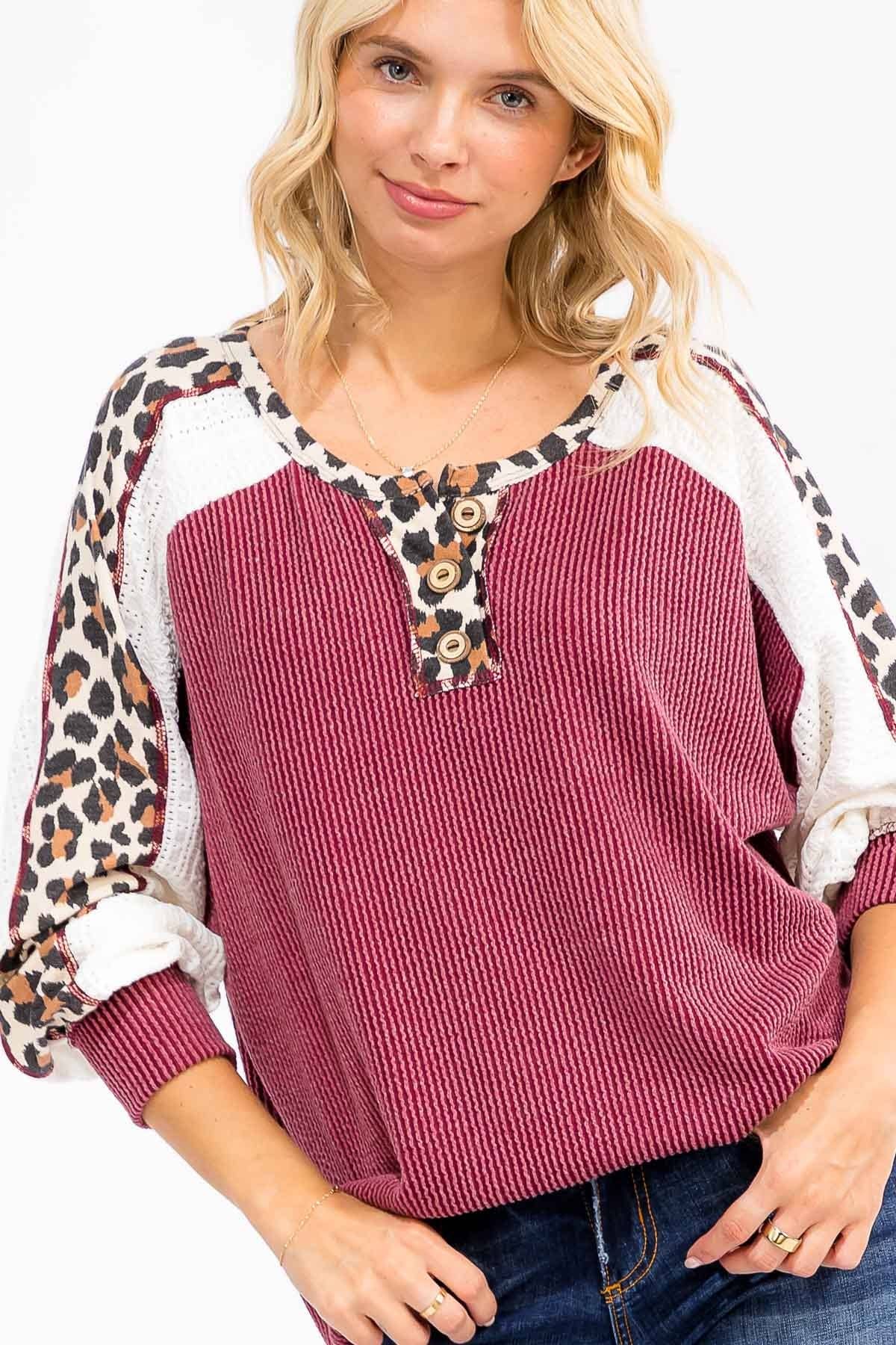 Rib Knit Leopard Lace Sleeve Detail Pullover Top