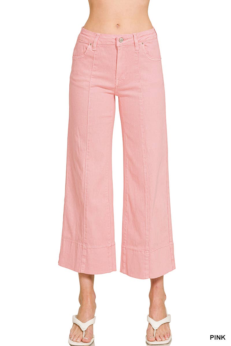 Mid Rise Wide Leg Cropped Color Denim Pants Zenana