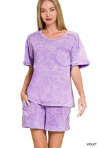 Halo Snow Washed Exposed Seam Top & Shorts Set - Zenana