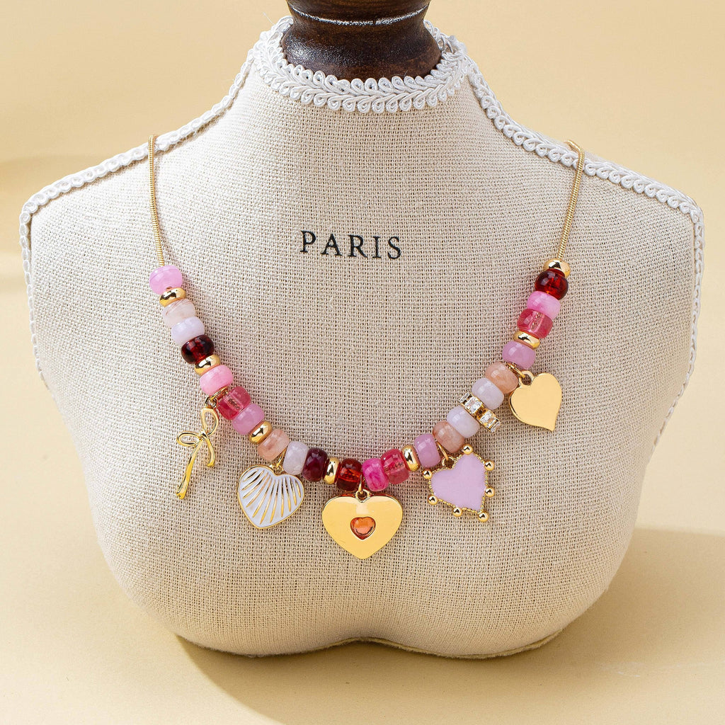 Pink Beaded Heart and Shell Charm Necklace | 80N92903