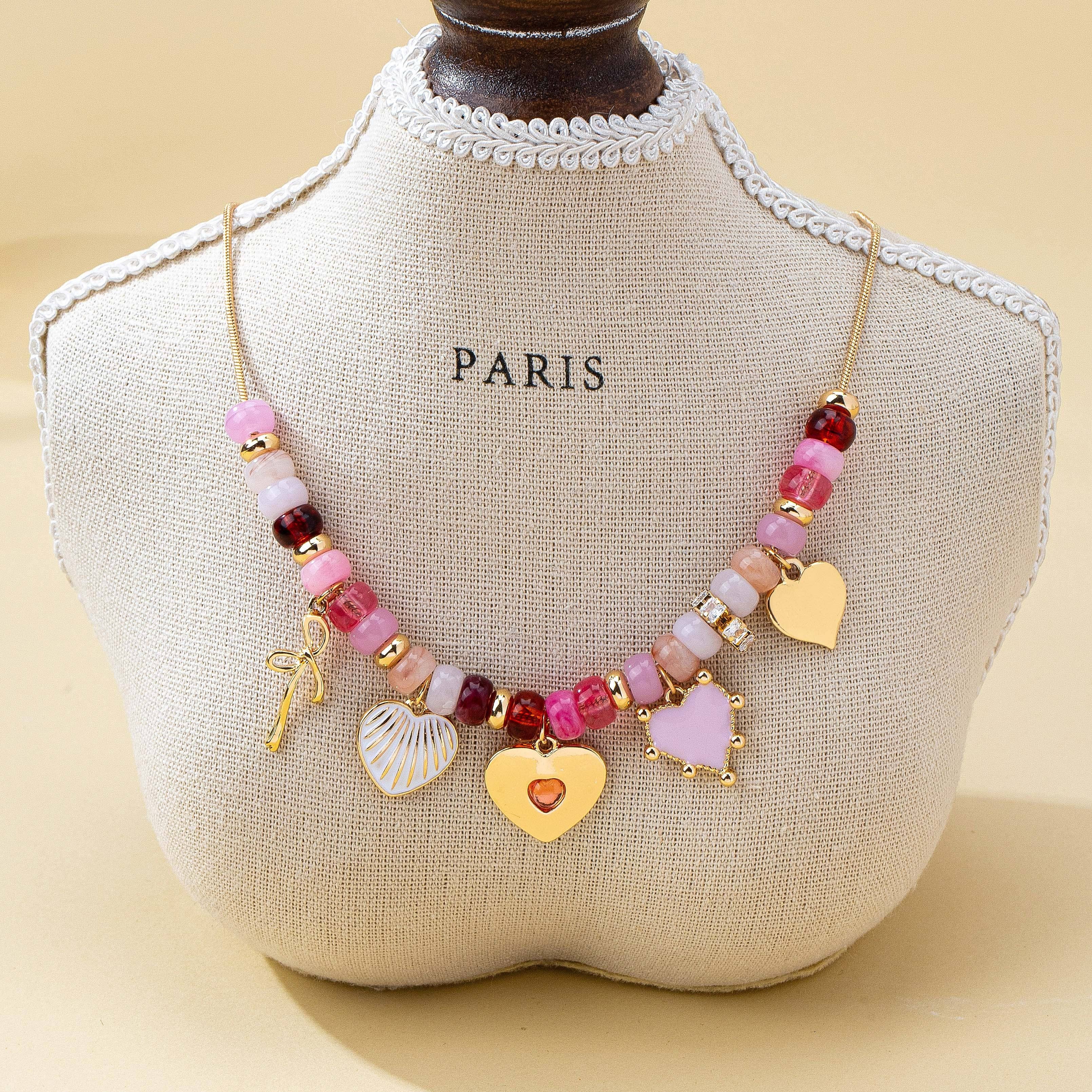 Pink Beaded Heart and Shell Charm Necklace | 80N92903