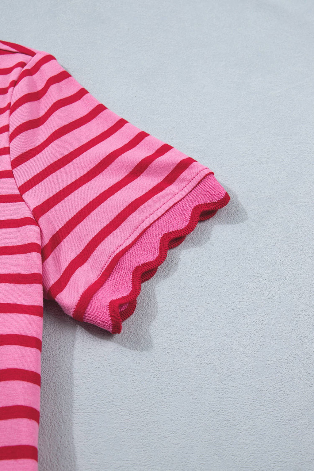 Striped Short Sleeve Scalloped Trim Side Slit Dress (S-XL)