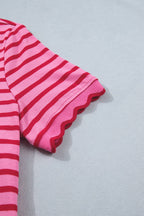 Striped Short Sleeve Scalloped Trim Side Slit Dress (S-XL)