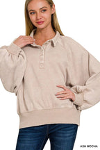 Acid Wash Fleece Button Up Collared Pullover