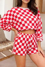66 Checkered Long Sleeve Crop Top and Shorts 2pcs Set (S-XL)