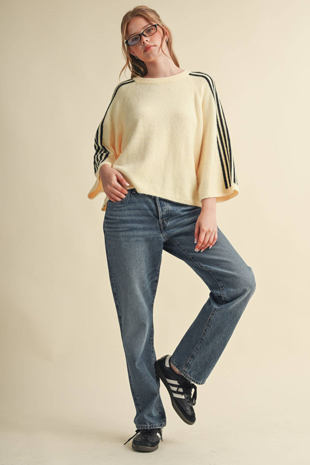 STRIPED 3/4 SLEEVE SWEATER MSW11585