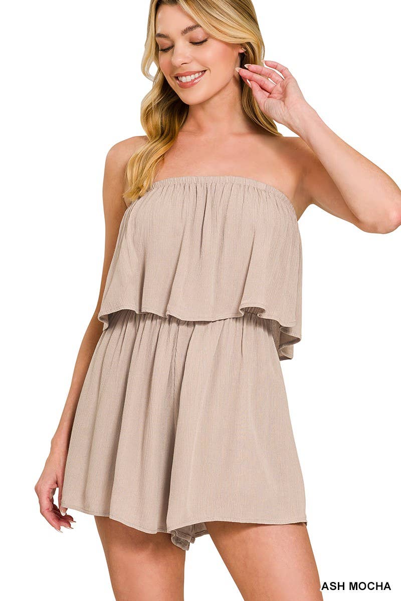 Woven Crinkle Strapless Rompers