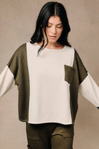 Colorblock Raw Edge Long Sleeve Pocket Sweatshirt Top