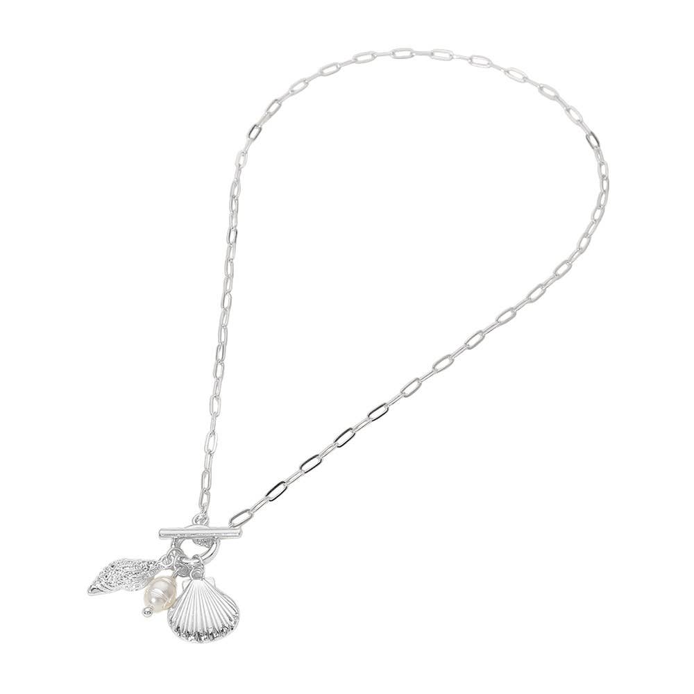 Seashell Pearl Charm Toggle Paperclip Chain Necklace