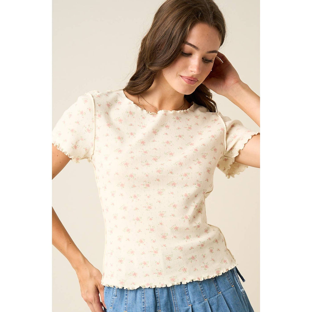 DITSY FLORAL PRINT LETTUCE EDGE SHORT SLEEVE TOP