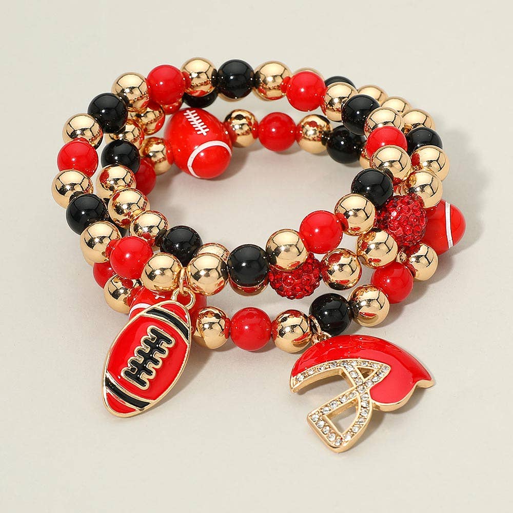 3PCS - Game Day Football Helmet Charm Beaded Stretch Multi Layered Bracelets