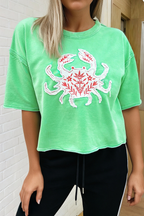 LAS-LIVE Crab Embroidery Short Sleeve Round Neck Tee (S-XL)