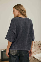 WASHED RIBBED SHORT SLEEVE ROLLED EDGE CARDIGAN