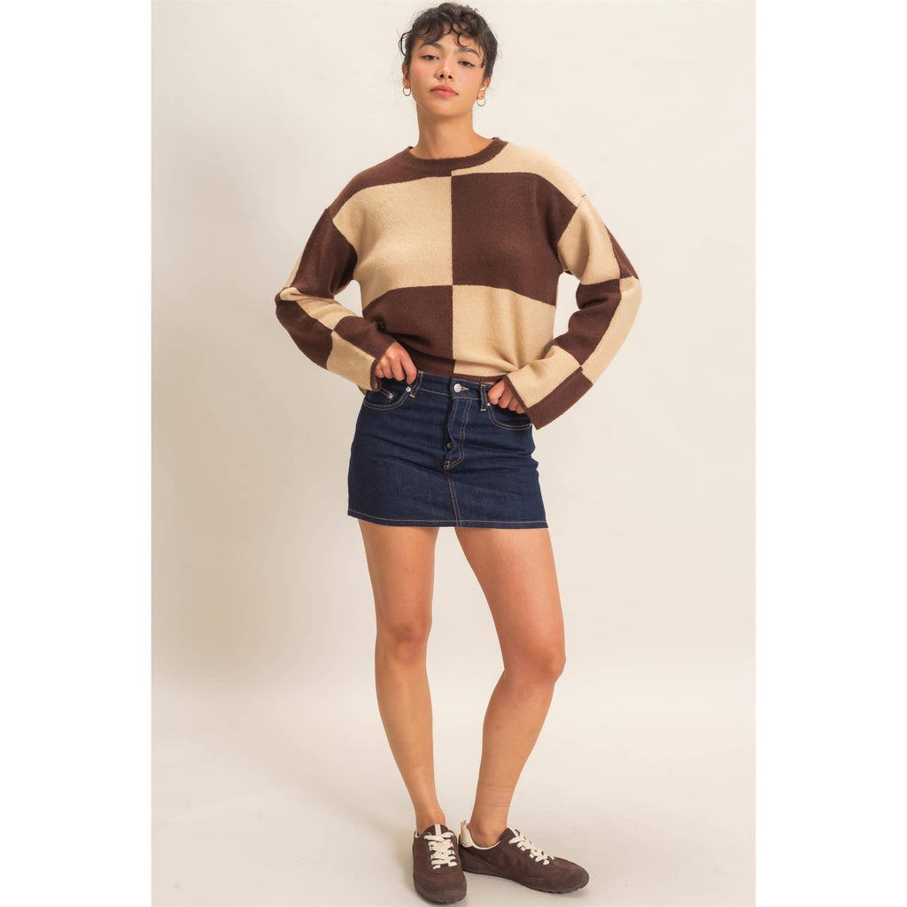 Crew Neck Checkered Sweater