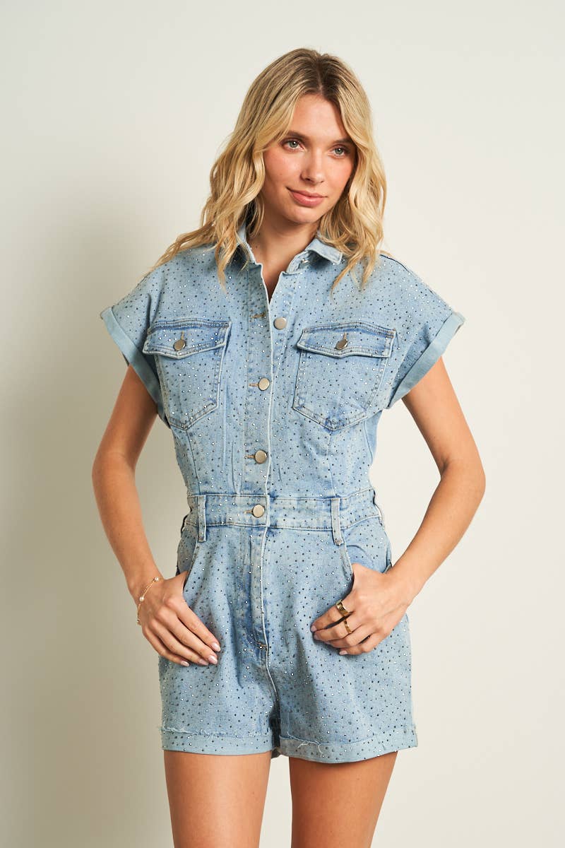 70047-RHINE STONE DETAILED DENIM ROMPER
