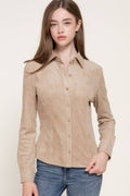 Long Sleeve Button Down Stretch Faux Suede Shirt