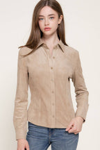 Long Sleeve Button Down Stretch Faux Suede Shirt