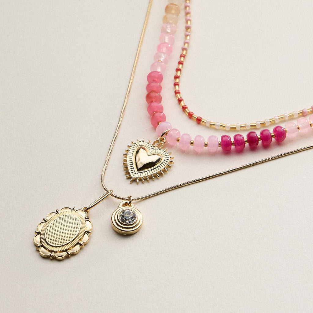 Layered Beaded and Pendant Necklace Set with Gold Accents | Heart and Charm Detail