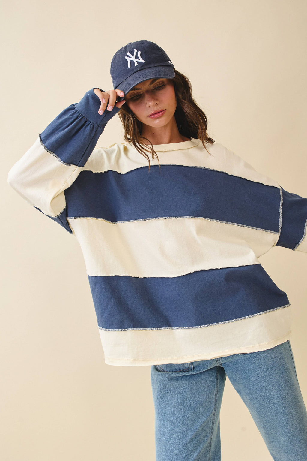8551GN Contrast Panel Long Sleeve Slouchy Pullover 1