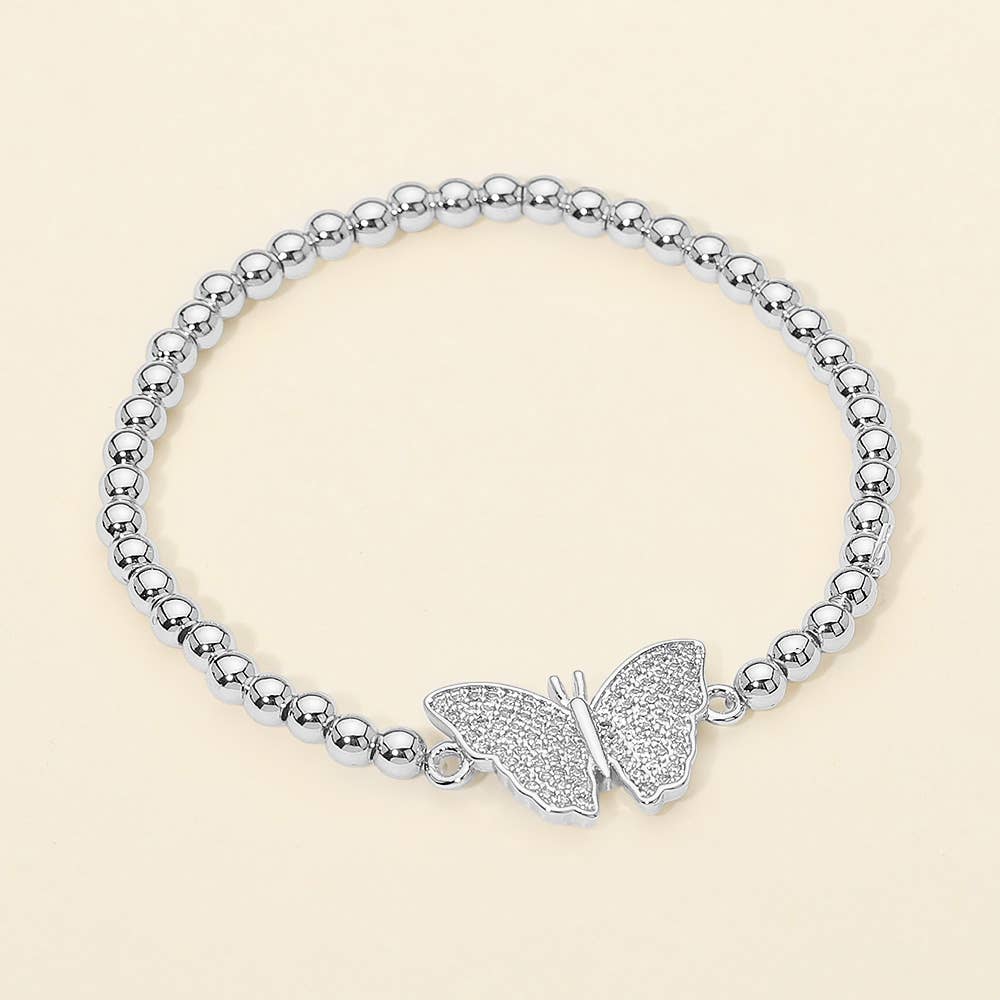 Stainless Steel Rhinestone Pave Butterfly Charm Beaded Stretch Bracelet