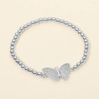 Stainless Steel Rhinestone Pave Butterfly Charm Beaded Stretch Bracelet