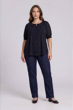 PLUS PINTUCK POLKA DOT BUTTON DOWN PUFF SLEEVE TOP