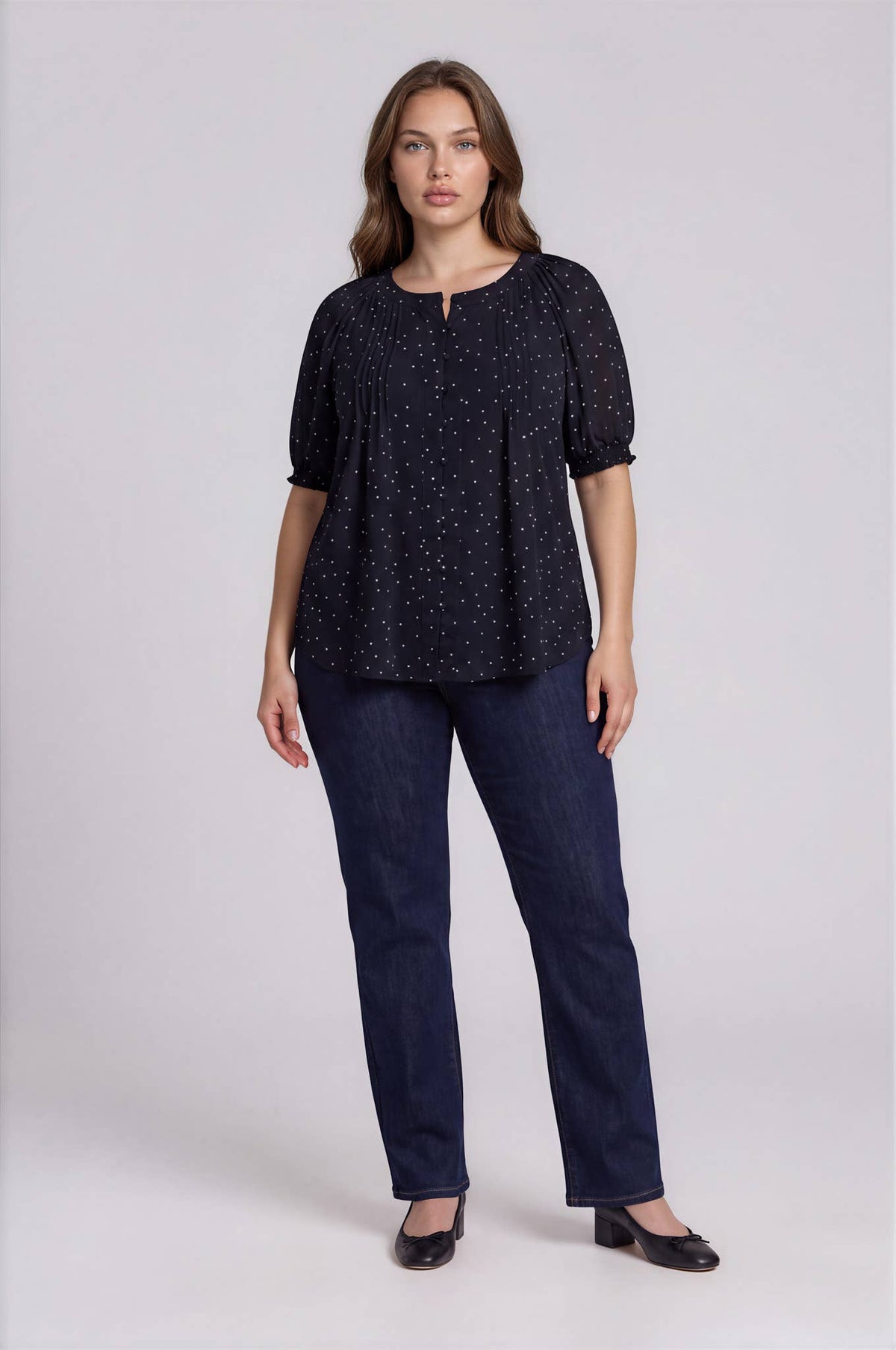 PLUS PINTUCK POLKA DOT BUTTON DOWN PUFF SLEEVE TOP