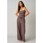 STRIPED PRINT SMOCKED BACK TUBE TOP AND PANTS SET