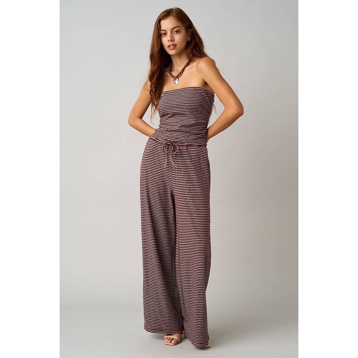 STRIPED PRINT SMOCKED BACK TUBE TOP AND PANTS SET