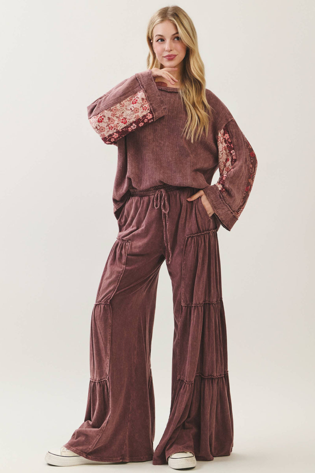Mineral Washed Tiered Wide Leg Pants HP5033P1
