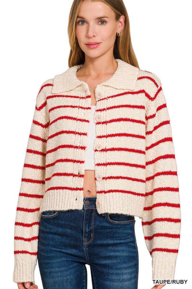 Striped Collared 5 Button Cardigan
