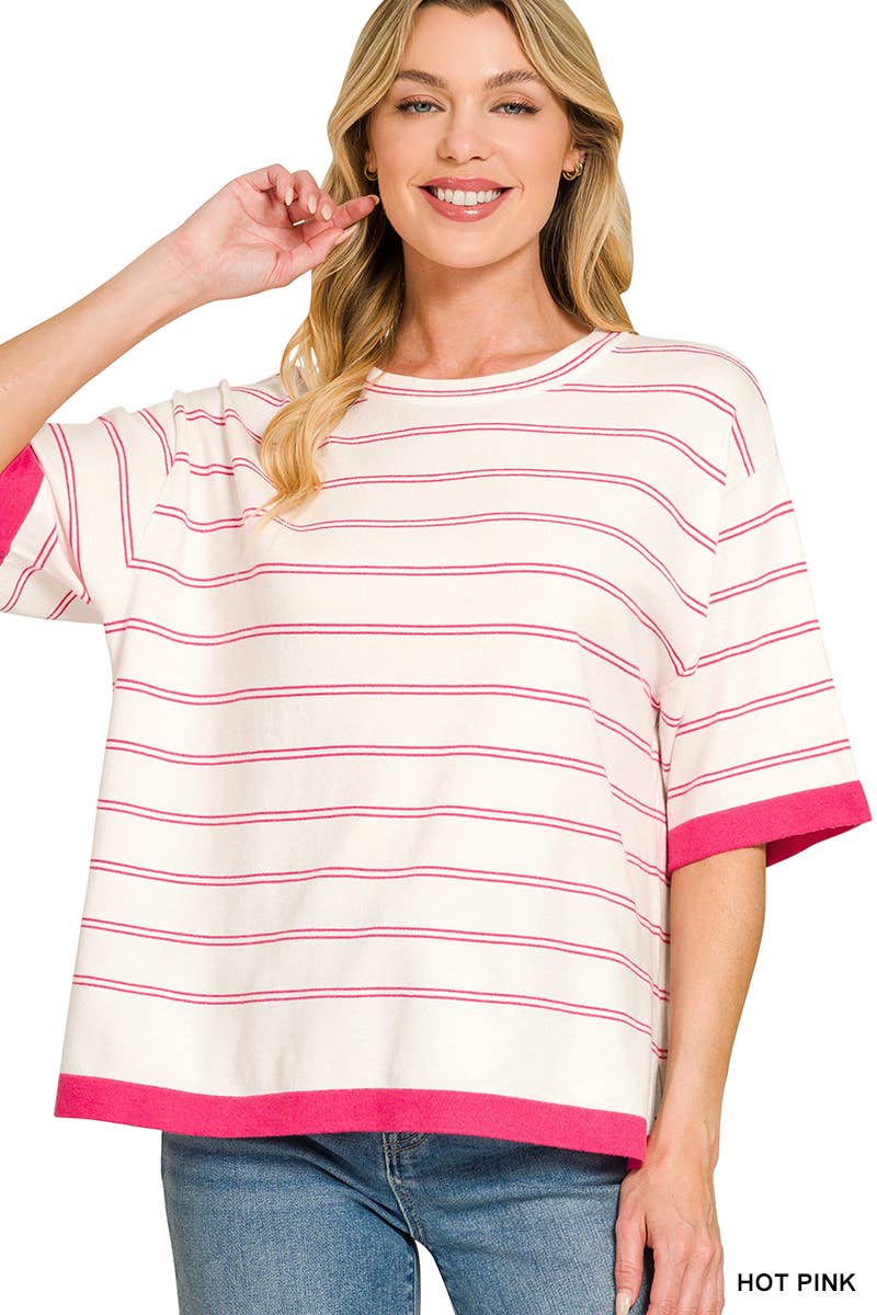 Oversized Viscose Stripe Short Sleeve Sweater