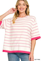 Oversized Viscose Stripe Short Sleeve Sweater