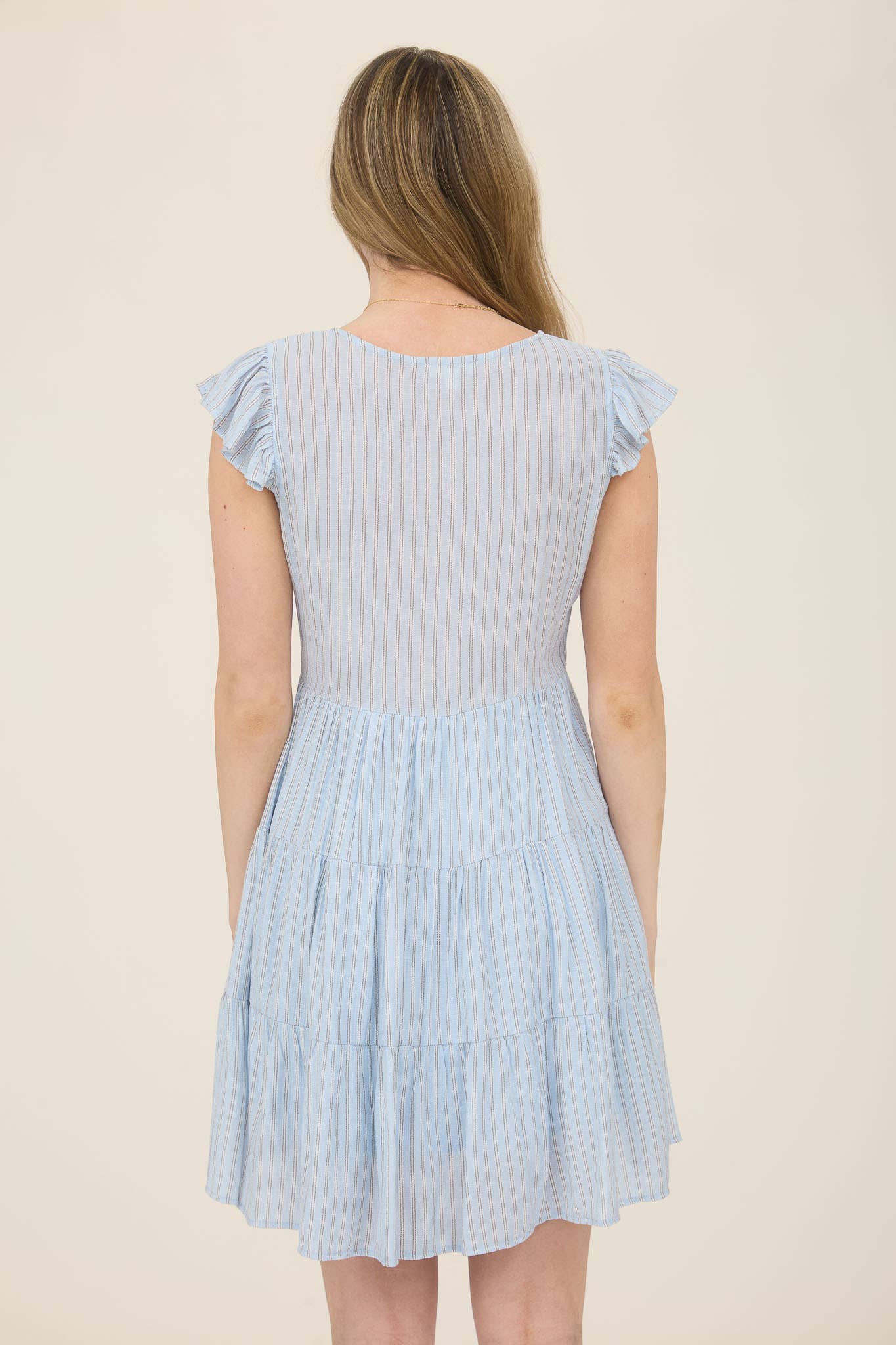 STRIPE V NECK BUTTON DOWN TIERED MINI DRESS