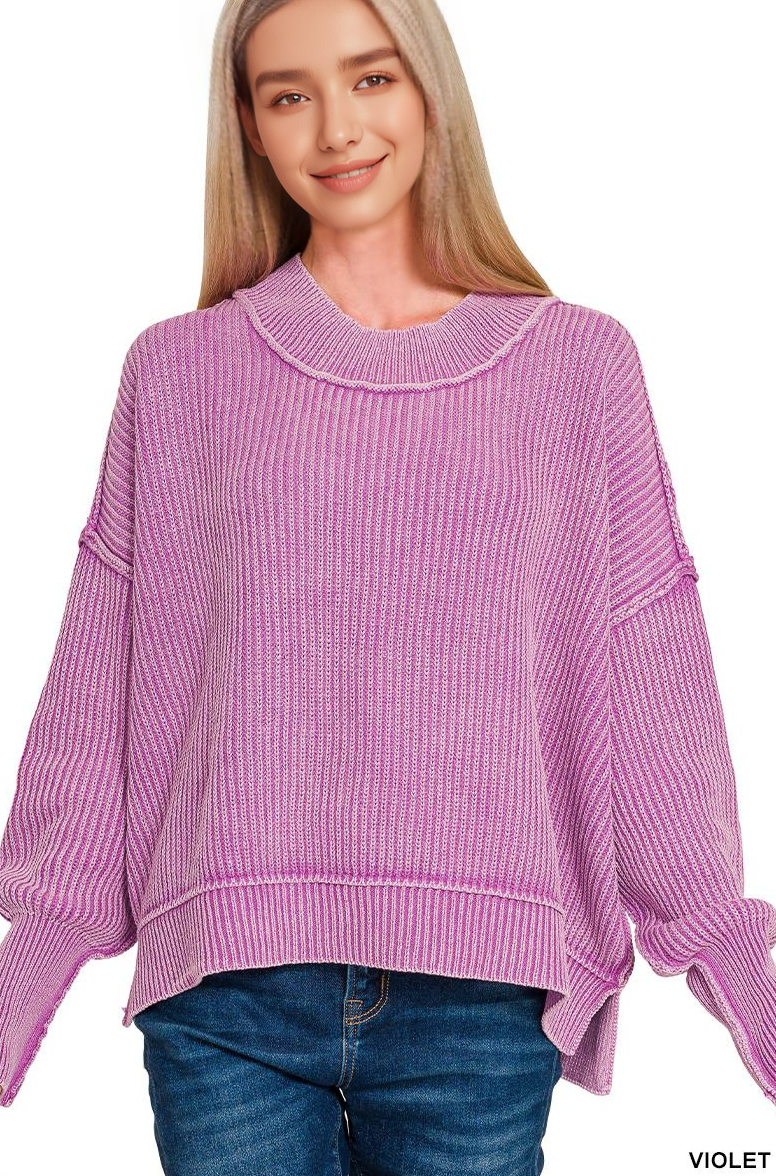 `Washed Side Slit Oversized Cropped Sweater SI-26510 Zenana