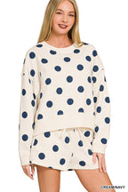 Fleece Polka Dot Print Round Neck Pullover And Shorts Set