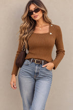 Ribbed Asymmetrical Neckline Sweater