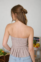 PLAID STRAPLESS FRONT TIE RUFFLE HEM TOP