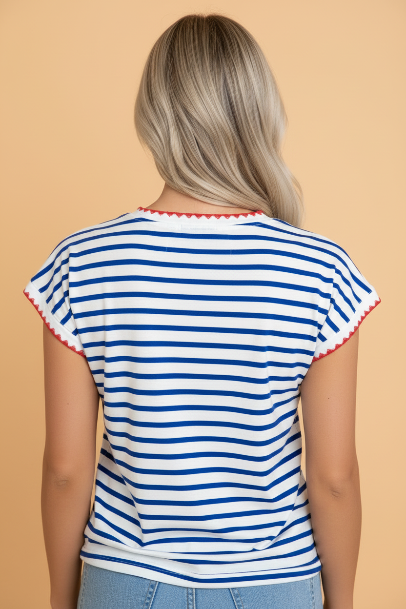 PRETTY BASH Stripe Contrast Trim Cap Sleeve Tee