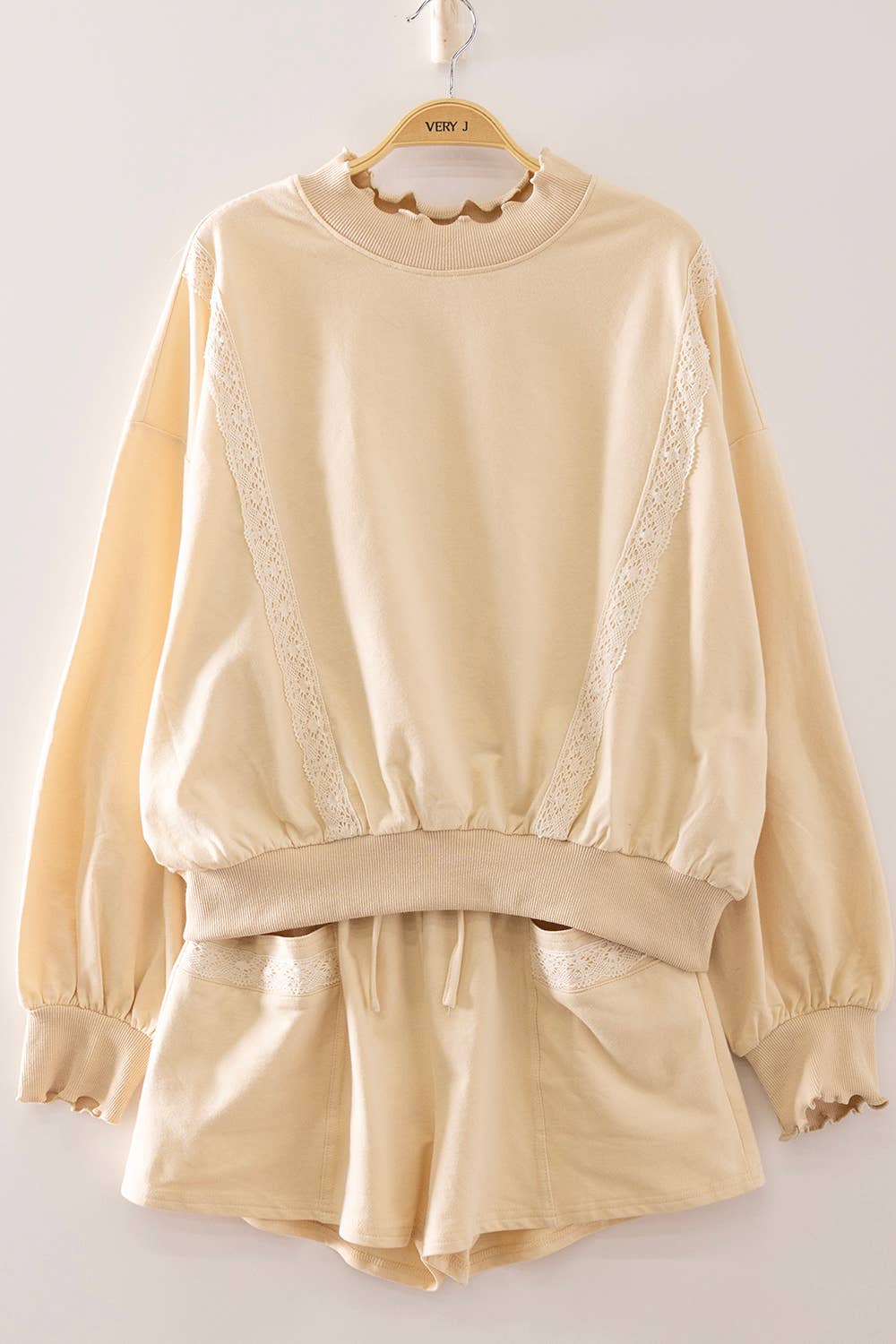 NT12725SET-Lace Trim Sweatshirt & Shorts Lounge Set