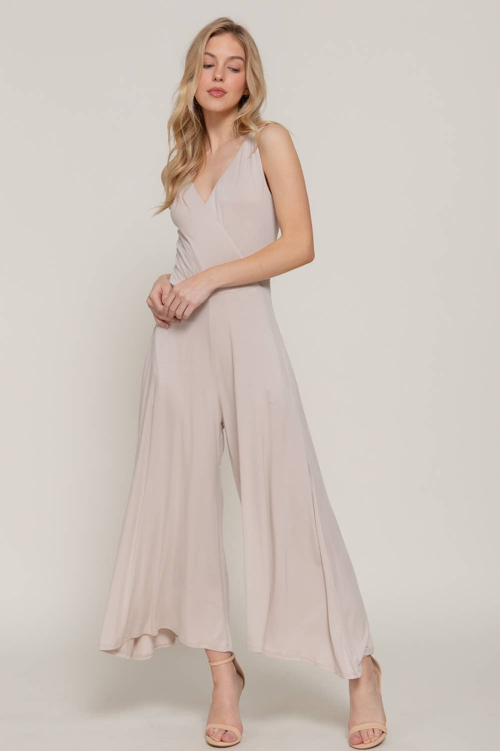 Sleeveless Double V-Neck Surplice Knit Jumpsuit