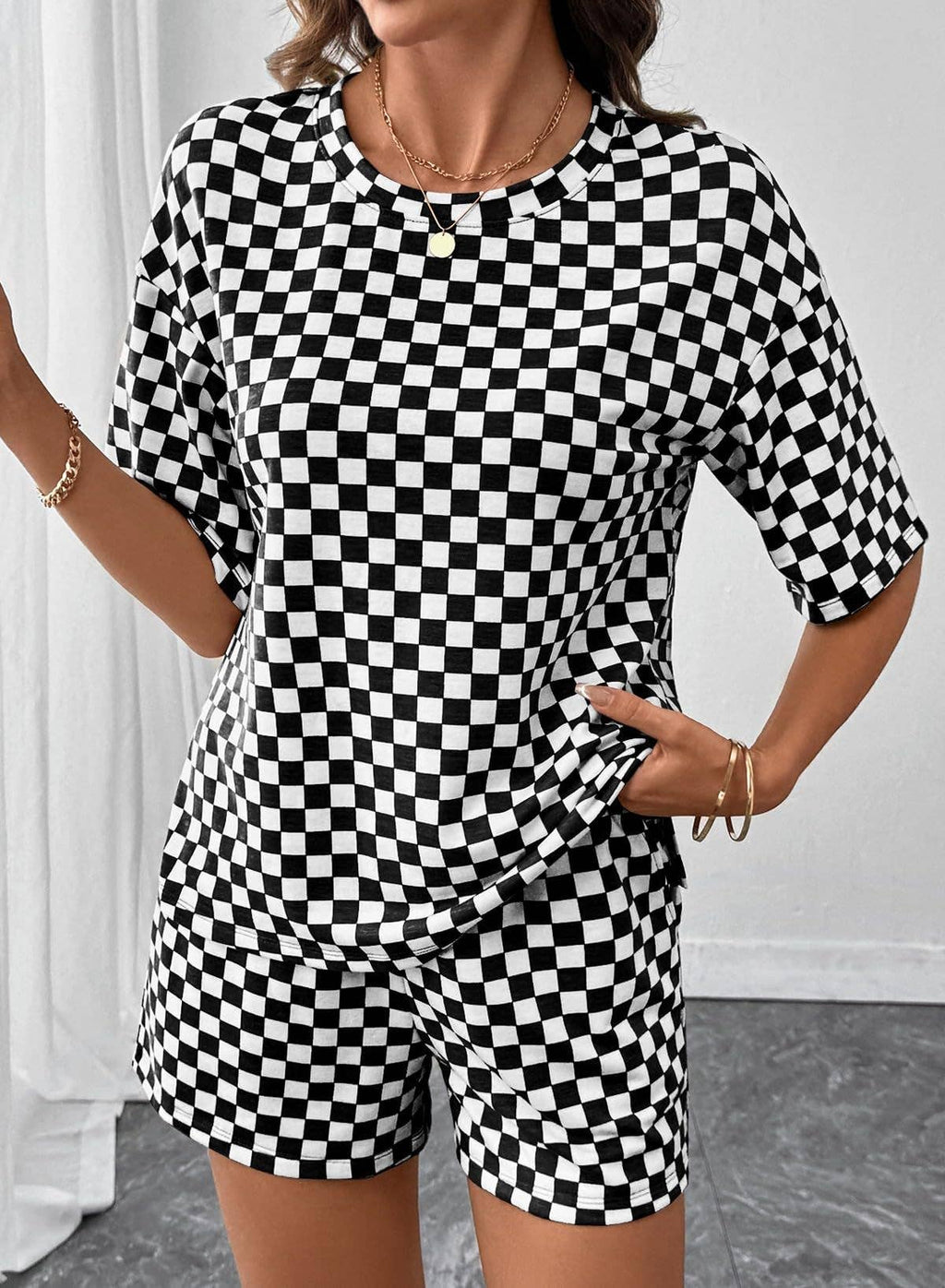 Checkered Short Sleeve Drawstring Lounge Set